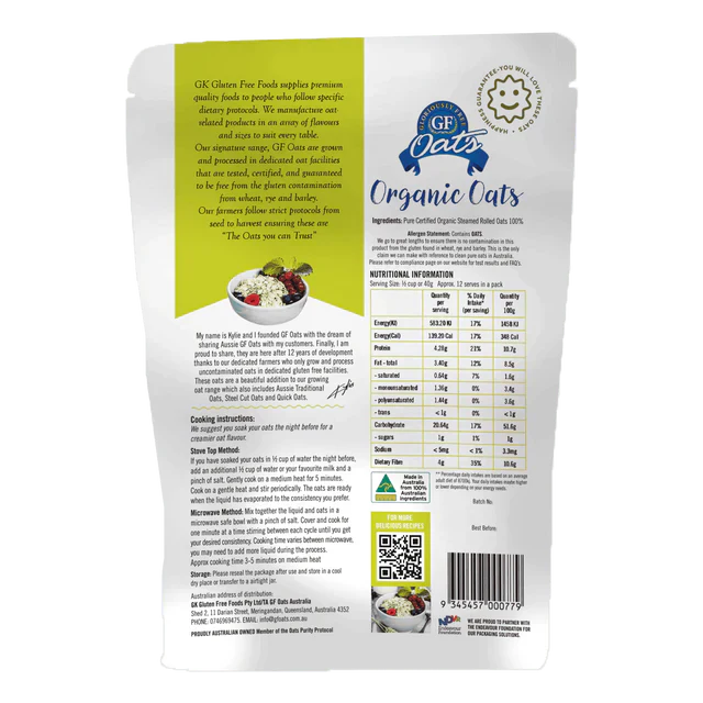 GF Oats Organic Oats *tested nil to gluten contamination* -1Kg